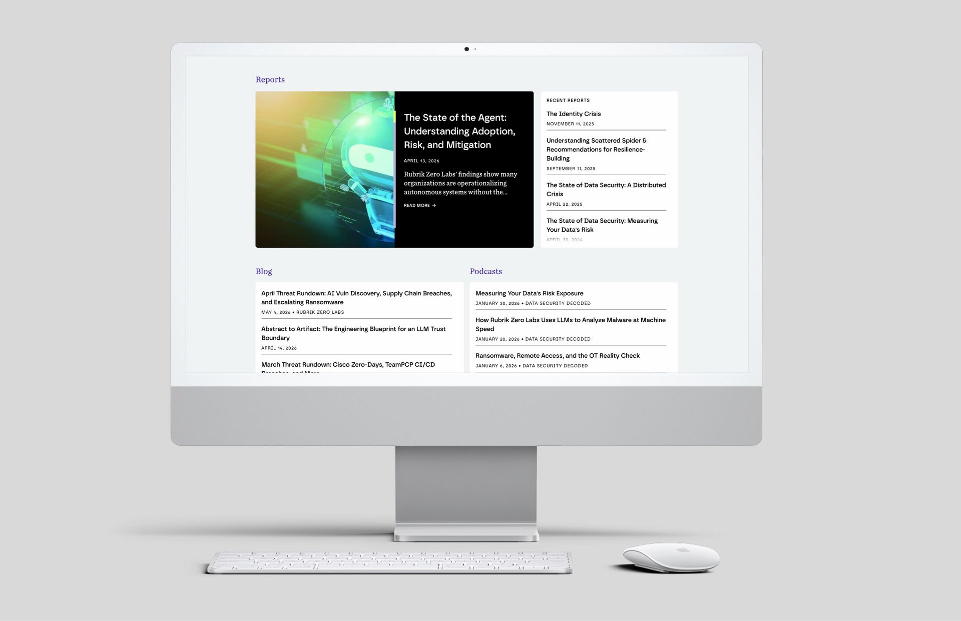 Rubrik Zero Labs report hub shown on an iMac